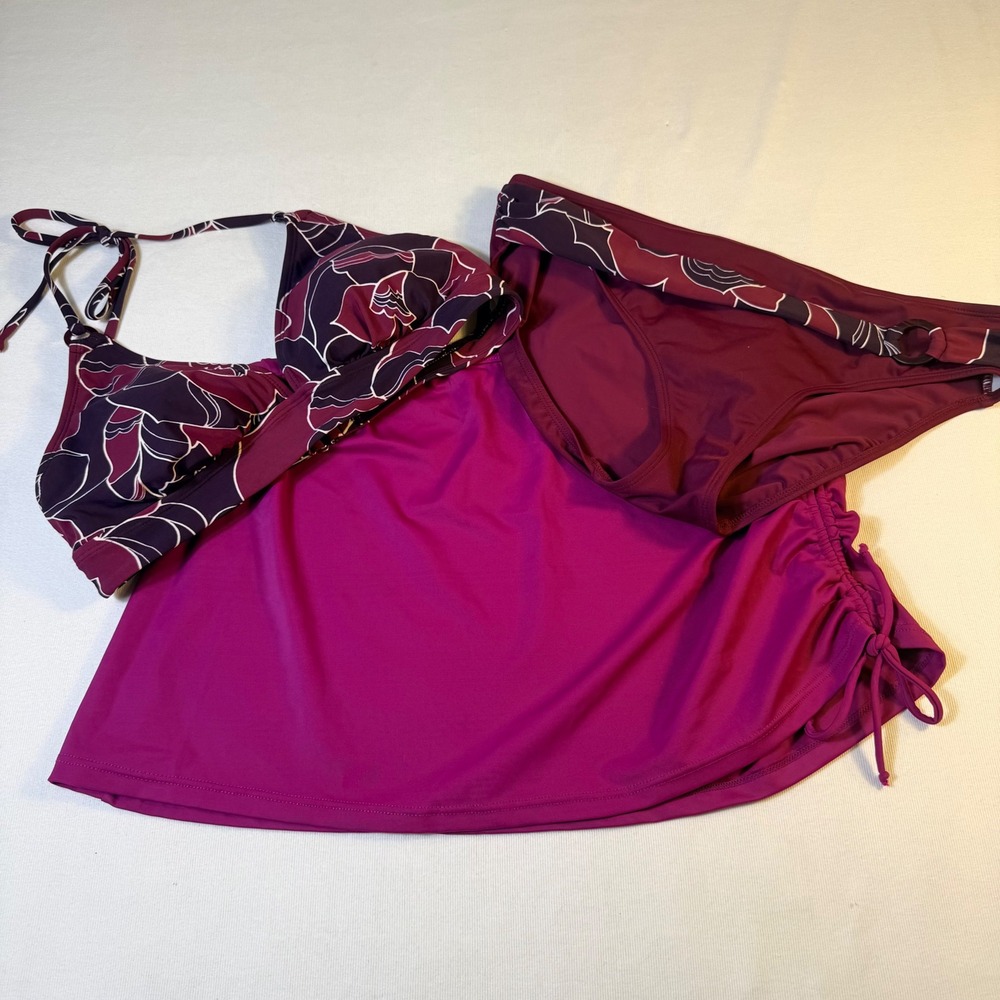 Merona‎ 3 Piece Swimwear Set L Burgundy Floral Halter Bikini Ruched Swim Skirt